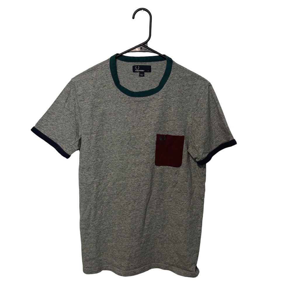 Fred Perry Shirt Mens Medium Gray Burgundy Pocket Tee Contrast Trim Ringer Slim